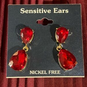 NOS Red Crystal Drop Earrings-Nickle Free/Sensitive Ears(pierced)